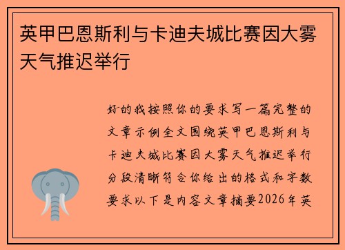 英甲巴恩斯利与卡迪夫城比赛因大雾天气推迟举行